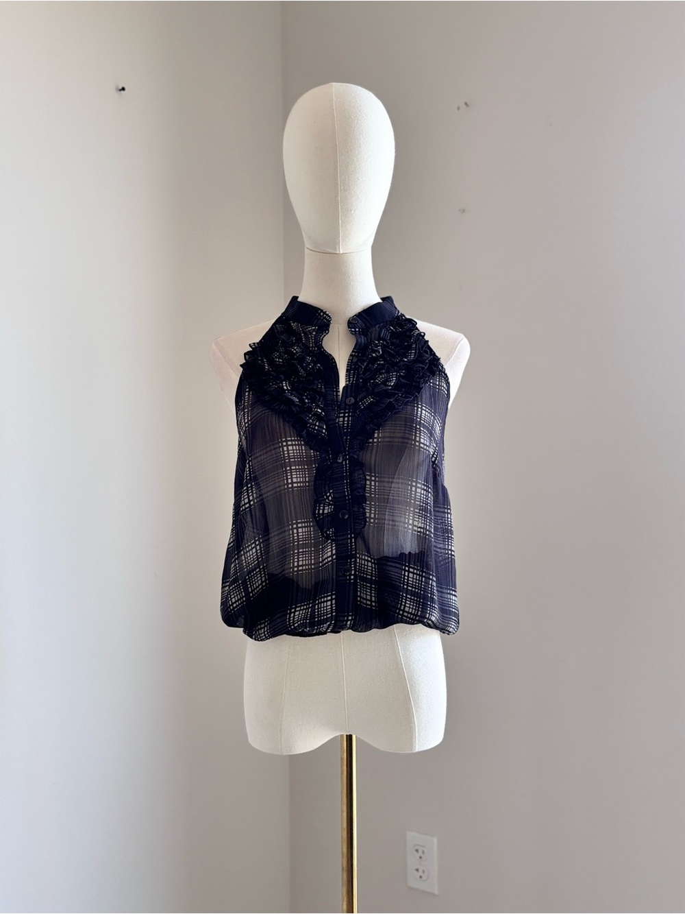 Mystique Boutique Navy Plaid Ruffle Halter Camisole